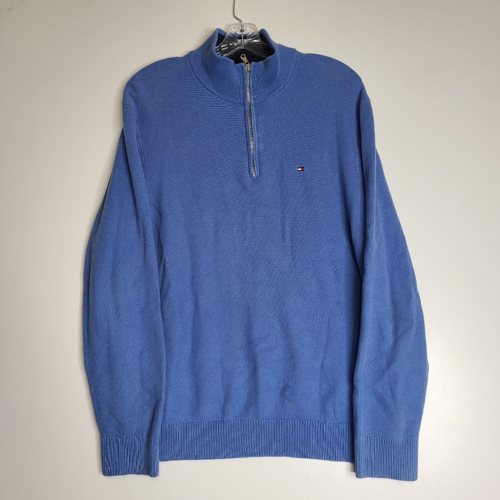 Tommy Hilfiger Mens Mockneck Pullover knit Sweater Light Blue Half-zip sz Large